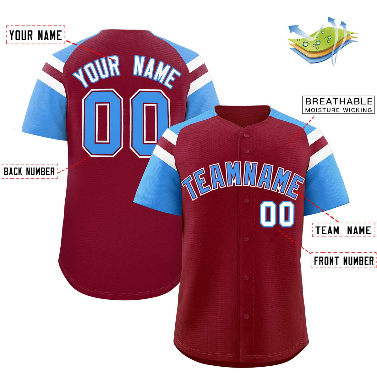 Custom Crimson Powder Blue Contrast Raglan Sleeves Authentic Baseball Jersey| KXKSHOP