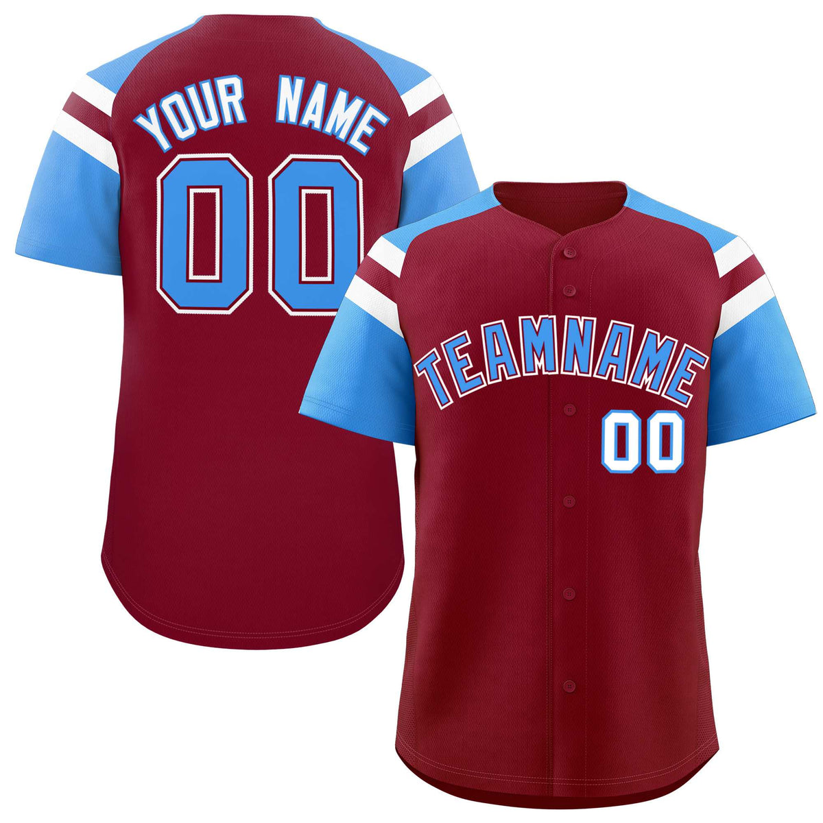 Custom Crimson Powder Blue Contrast Raglan Sleeves Authentic Baseball Jersey| KXKSHOP