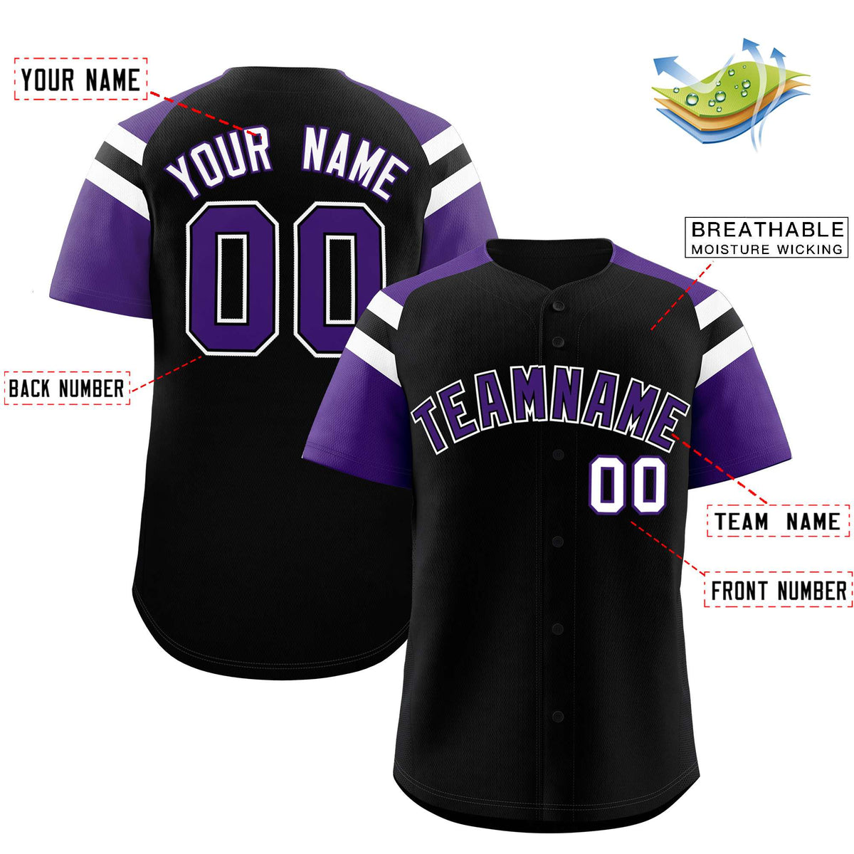 Custom Black Purple Contrast Raglan Sleeves Authentic Baseball Jersey| KXKSHOP