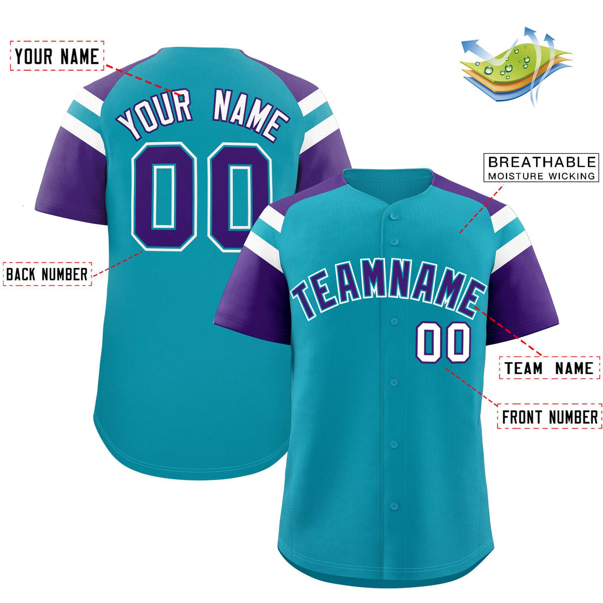 Custom Aqua Purple Contrast Raglan Sleeves Authentic Baseball Jersey| KXKSHOP