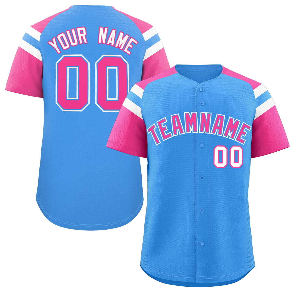Custom Powder Blue Pink Contrast Raglan Sleeves Authentic Baseball Jersey| KXKSHOP