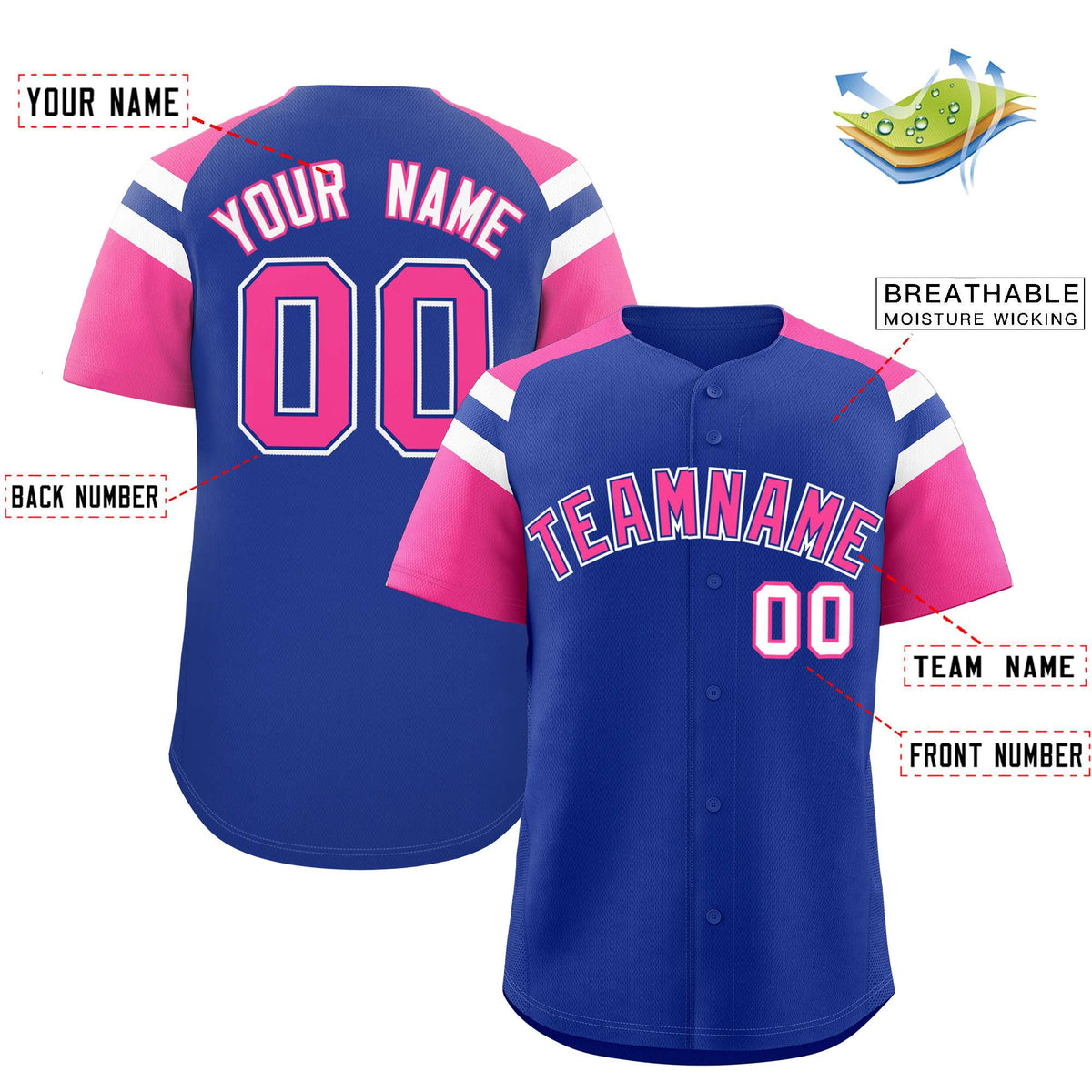 Custom Royal Pink Contrast Raglan Sleeves Authentic Baseball Jersey| KXKSHOP