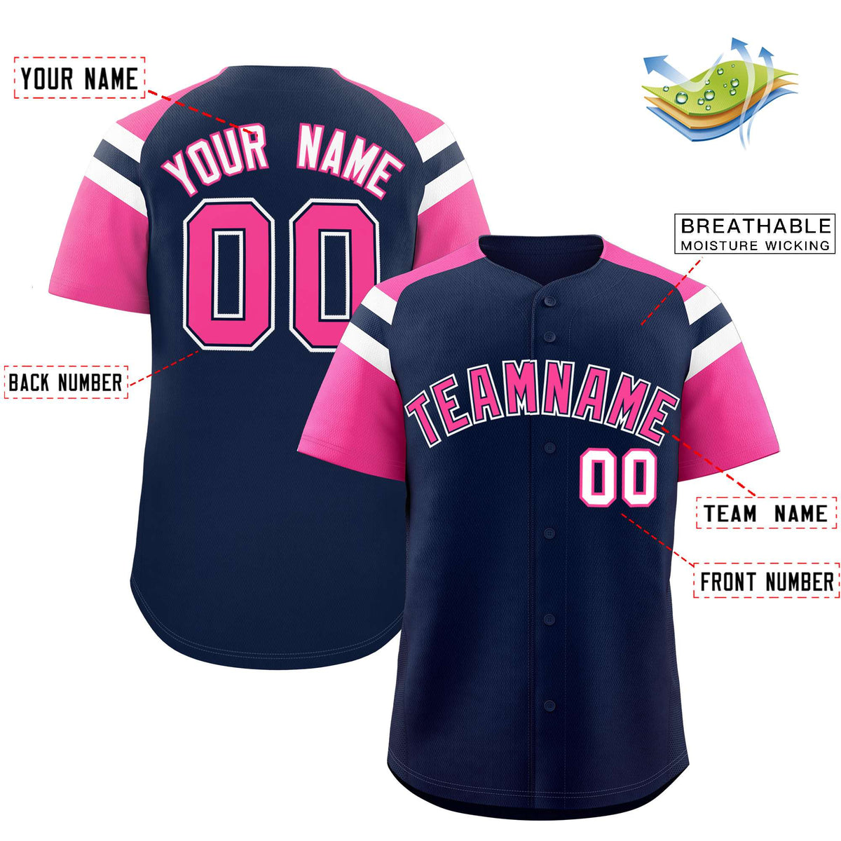 Custom Navy Pink Contrast Raglan Sleeves Authentic Baseball Jersey| KXKSHOP