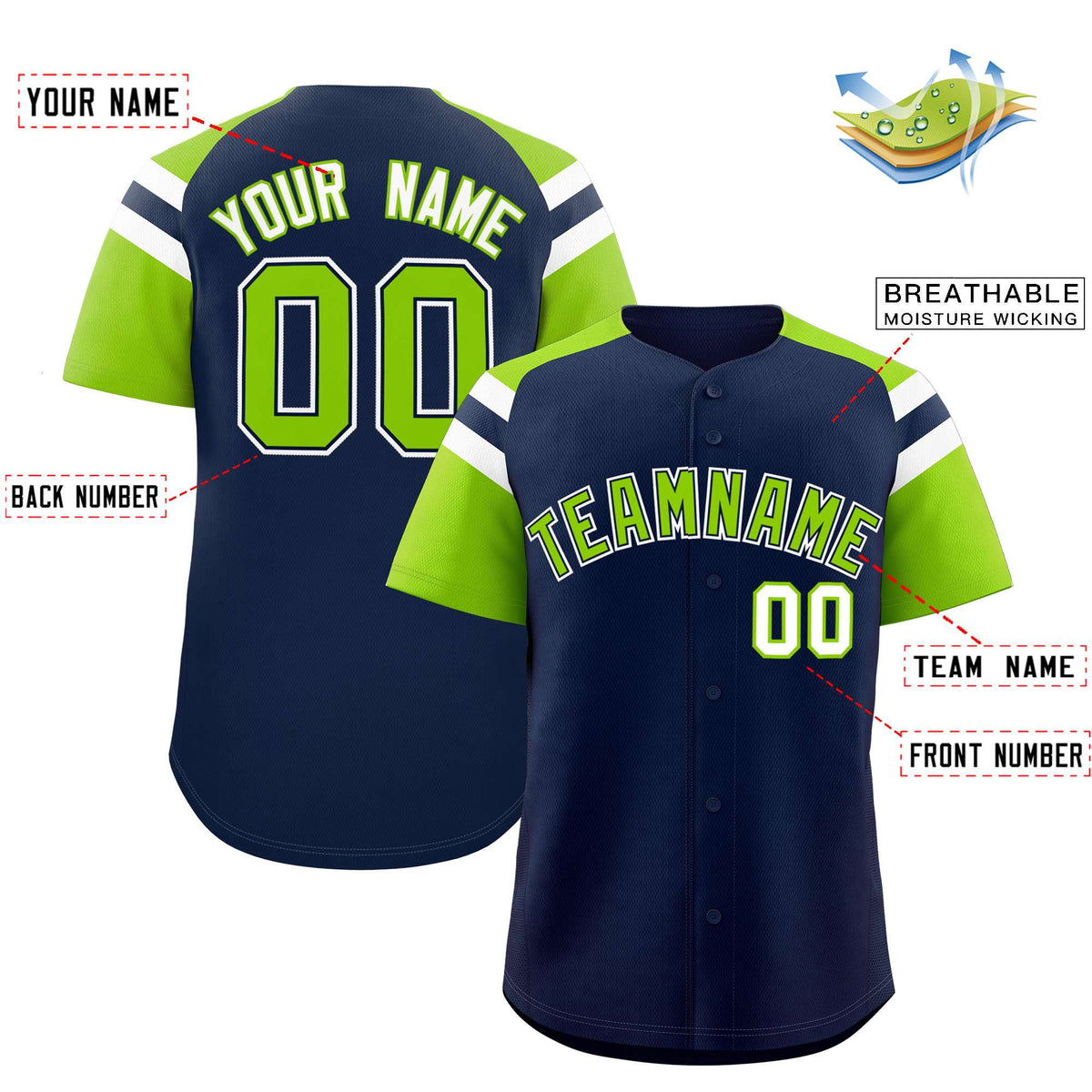 Custom Navy Neon Green Contrast Raglan Sleeves Authentic Baseball Jersey| KXKSHOP