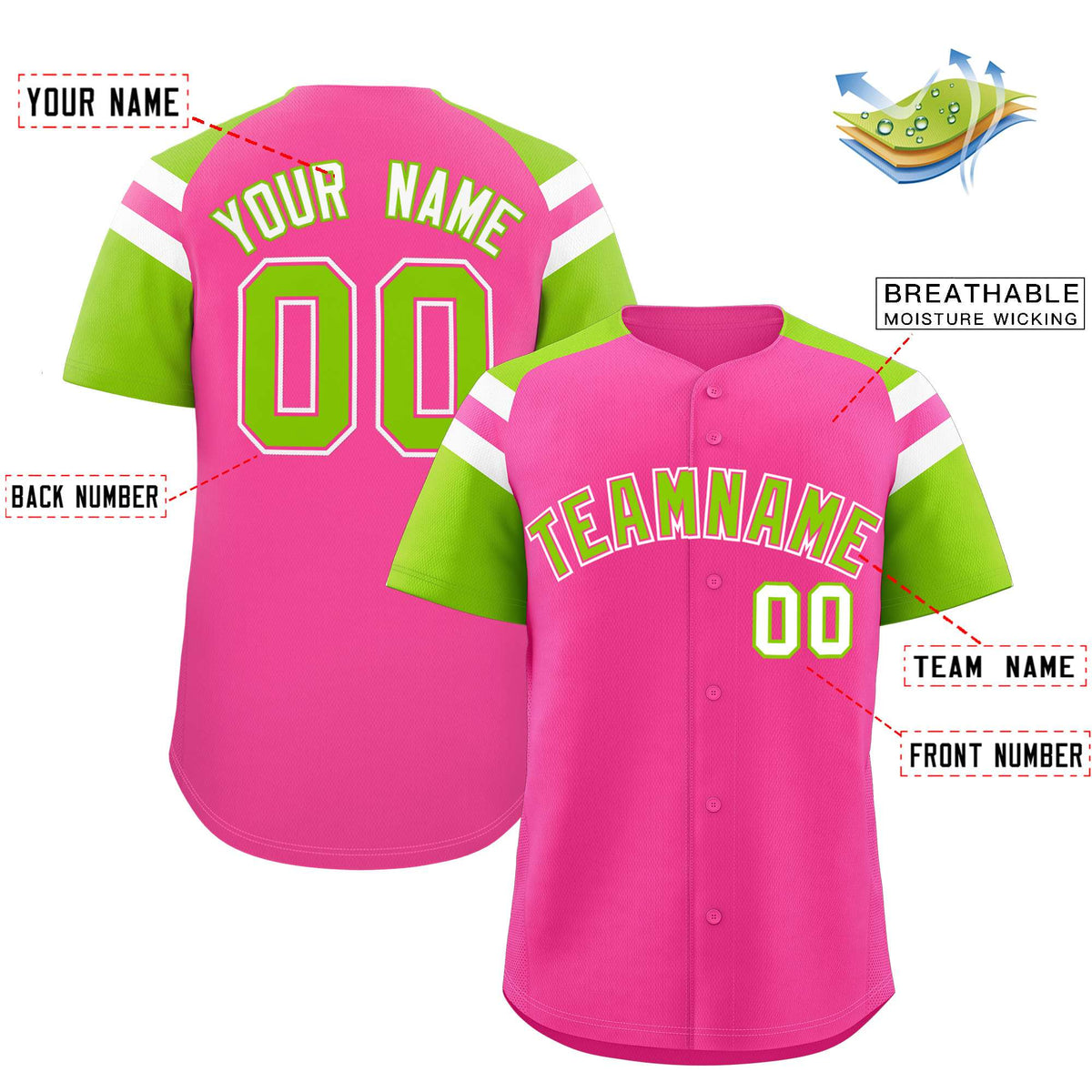 Custom Pink Neon Green Contrast Raglan Sleeves Authentic Baseball Jersey| KXKSHOP