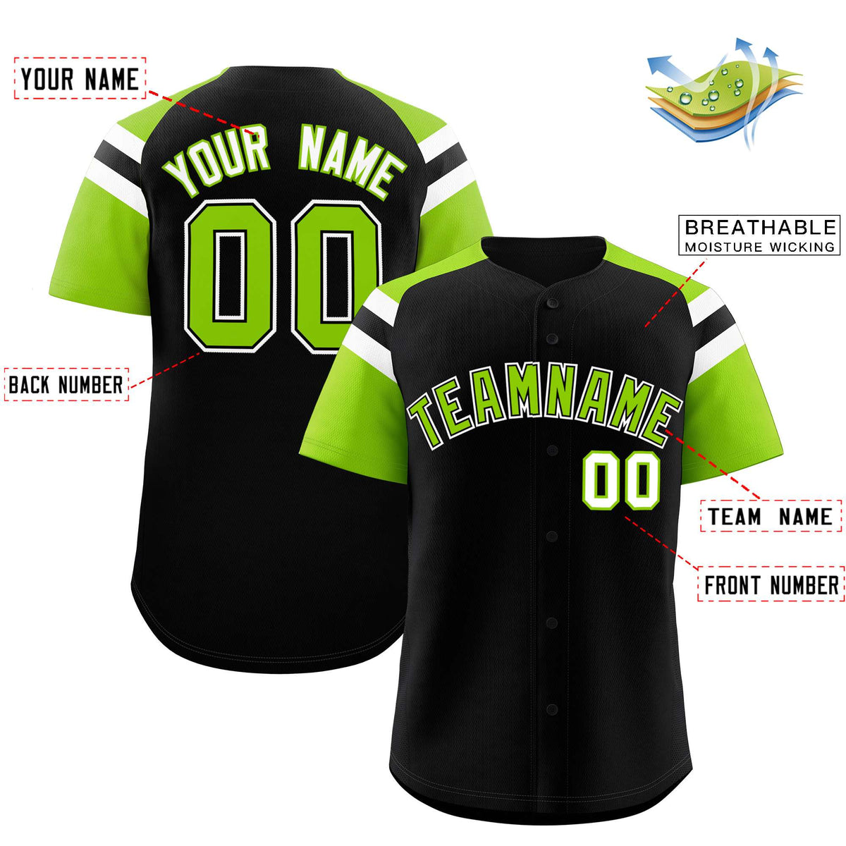Custom Black Neon Green Contrast Raglan Sleeves Authentic Baseball Jersey| KXKSHOP