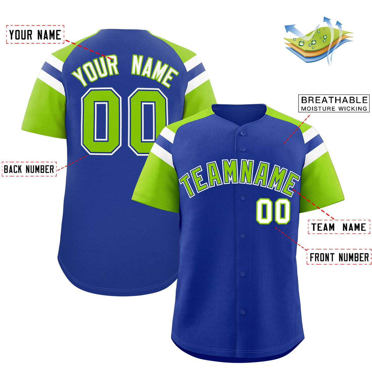 Custom Royal Neon Green Contrast Raglan Sleeves Authentic Baseball Jersey| KXKSHOP