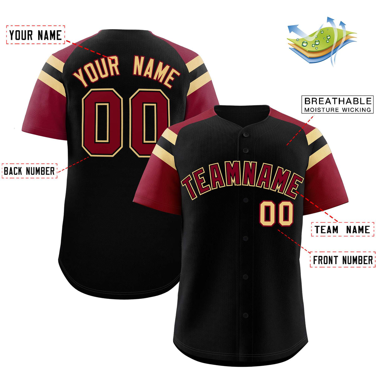Custom Black Crimson Contrast Raglan Sleeves Authentic Baseball Jersey| KXKSHOP
