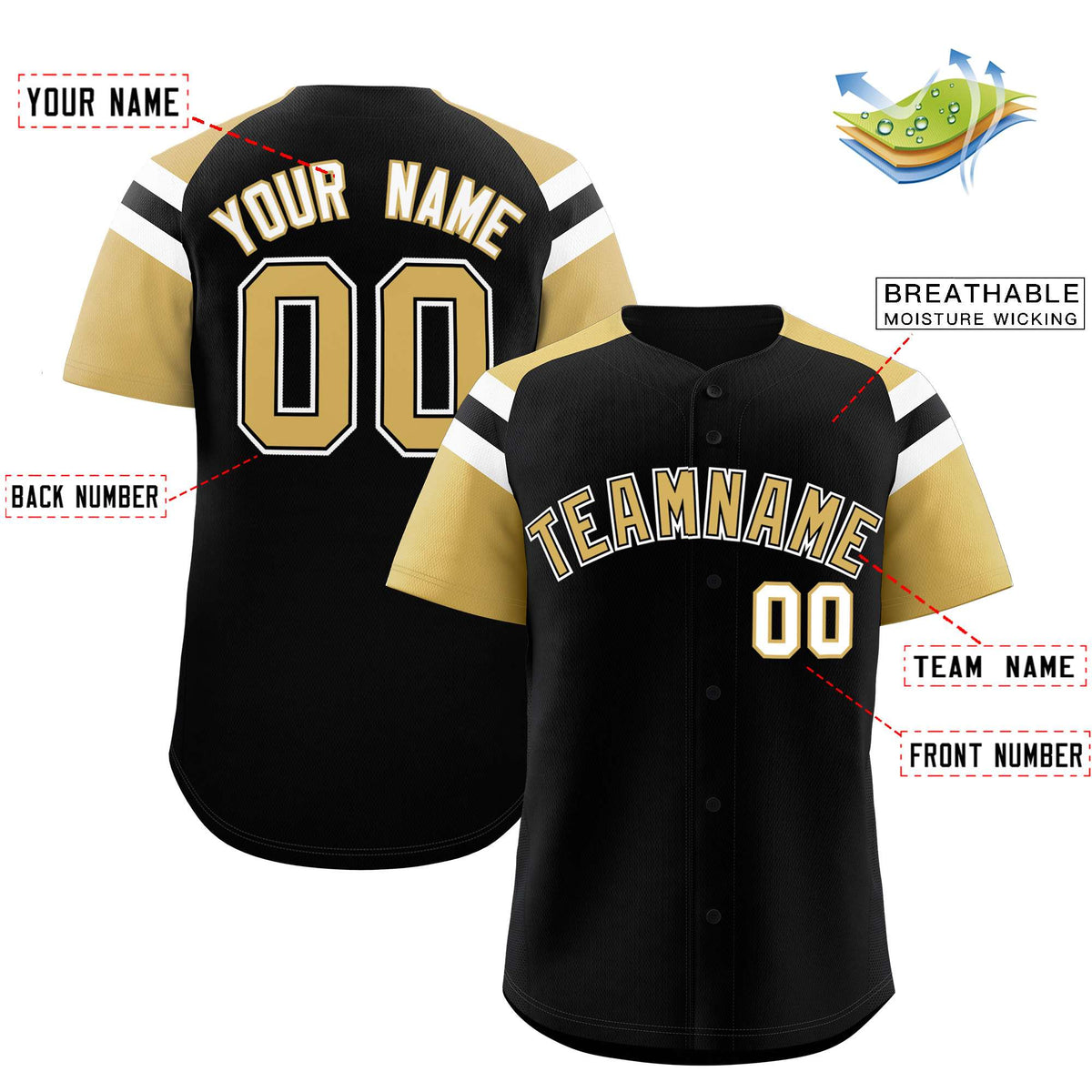 Custom Black Old Gold Contrast Raglan Sleeves Authentic Baseball Jersey| KXKSHOP