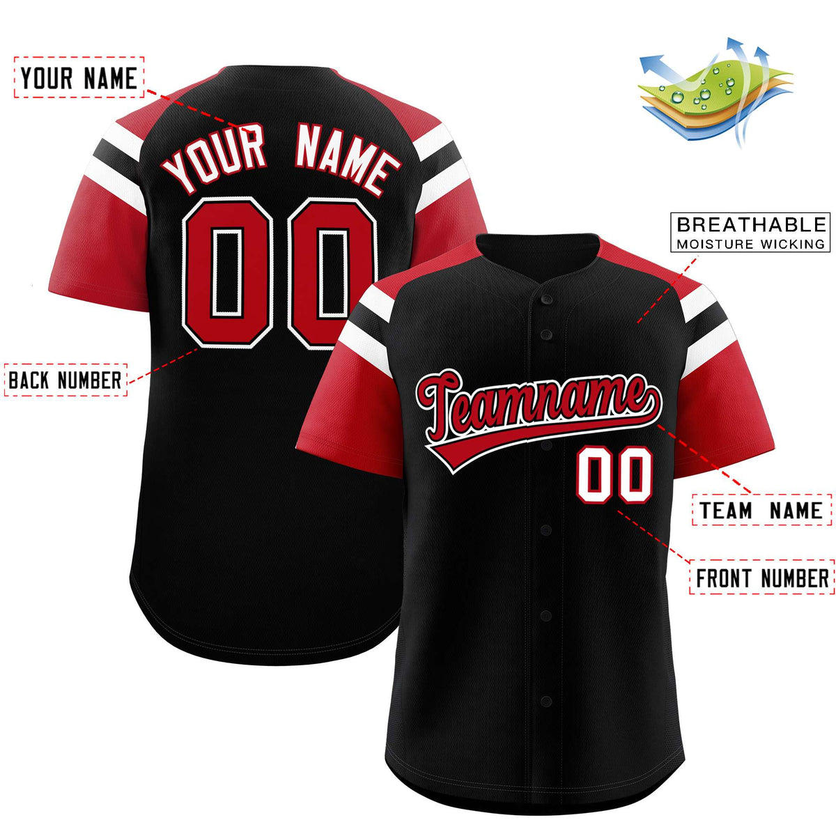 Custom Black Red Contrast Raglan Sleeves Authentic Baseball Jersey| KXKSHOP
