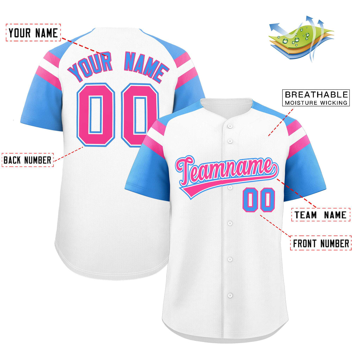 Custom White Powder Blue Contrast Raglan Sleeves Authentic Baseball Jersey| KXKSHOP