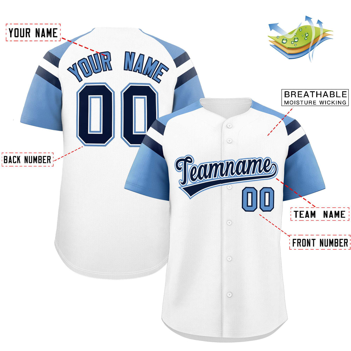 Custom White Light Blue Contrast Raglan Sleeves Authentic Baseball Jersey| KXKSHOP