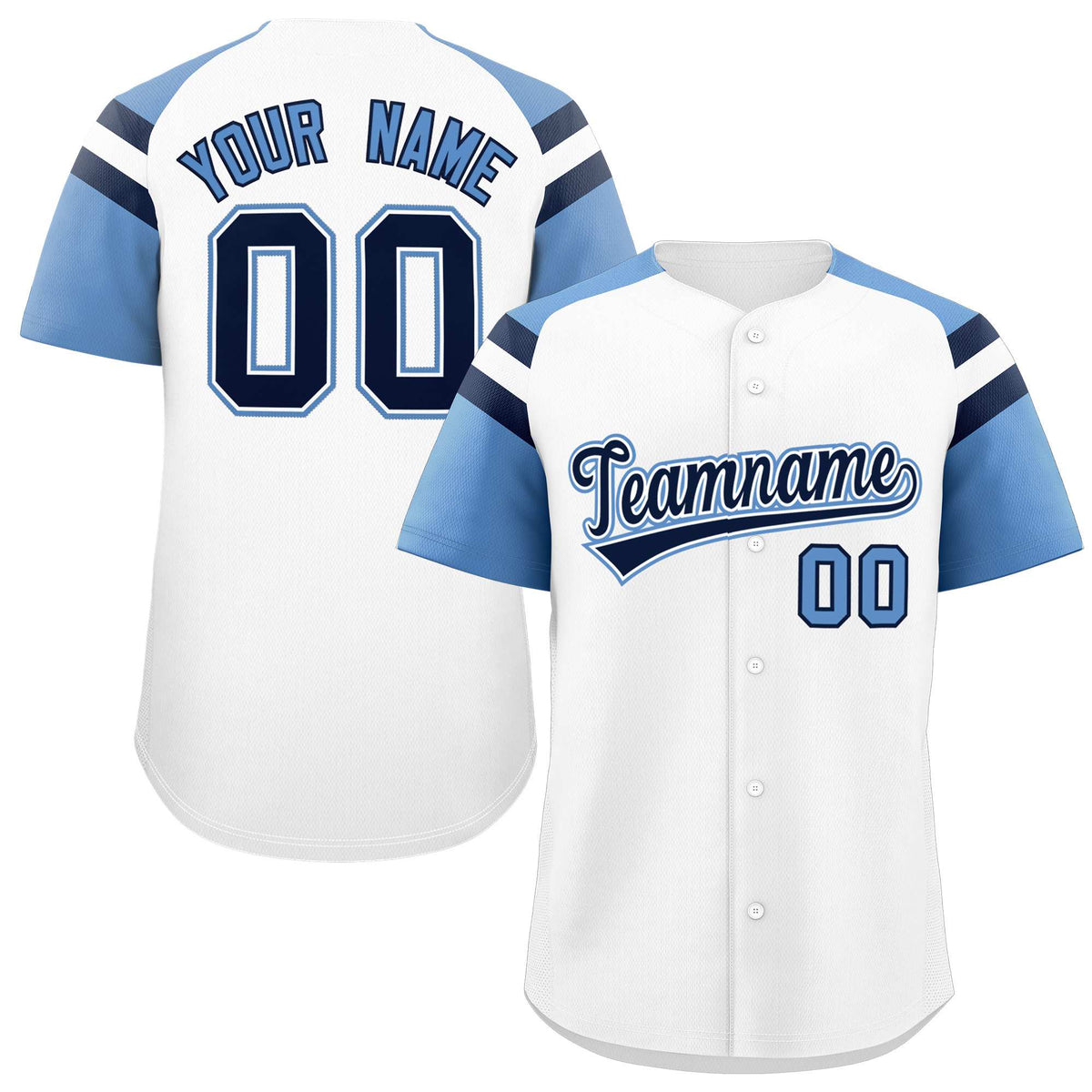 Custom White Light Blue Contrast Raglan Sleeves Authentic Baseball Jersey| KXKSHOP