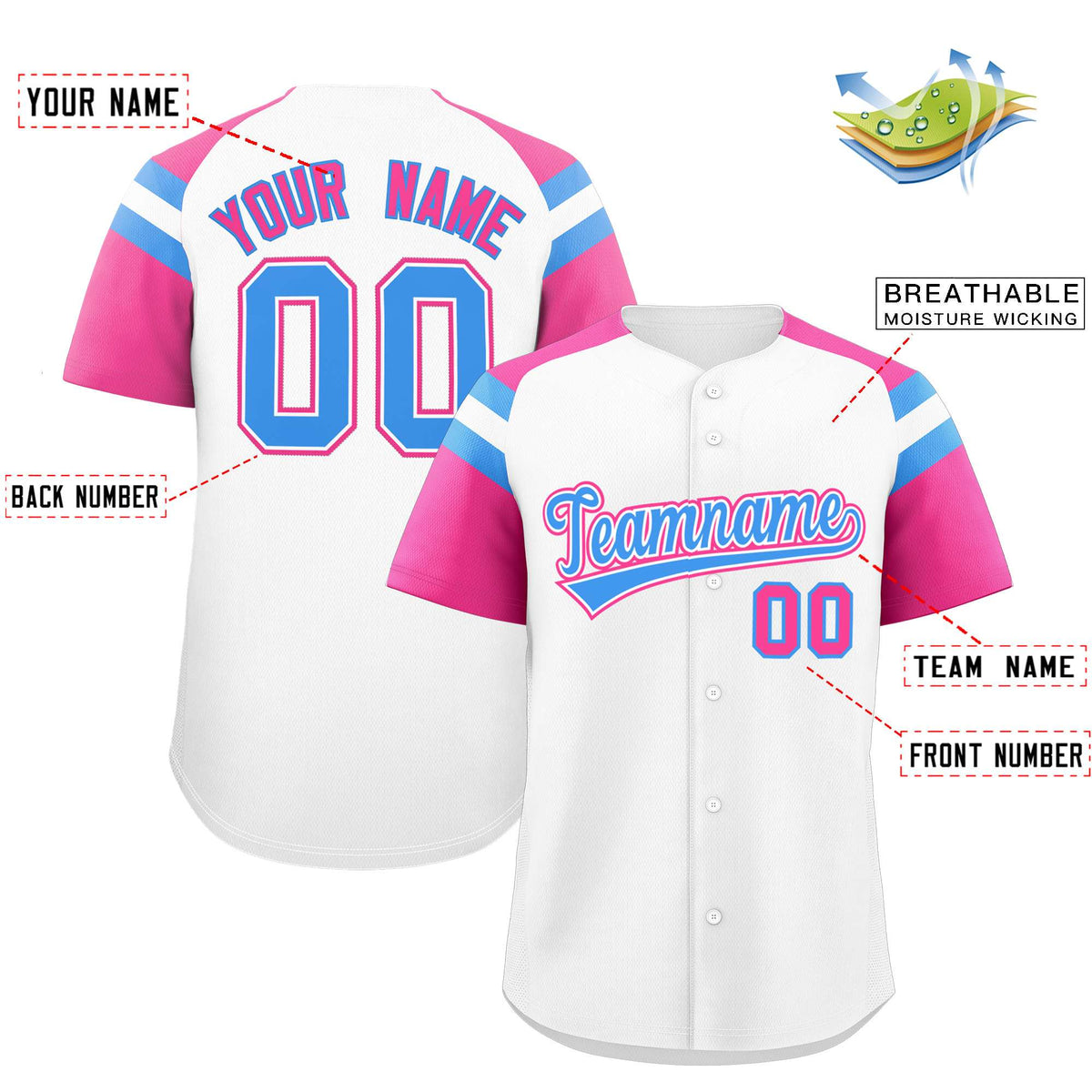 Custom White Pink Contrast Raglan Sleeves Authentic Baseball Jersey| KXKSHOP