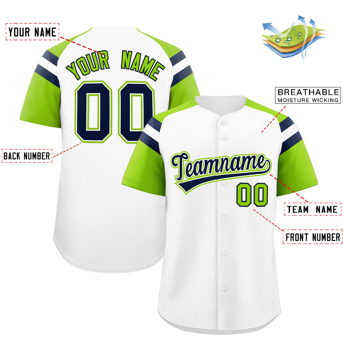 Custom White Neon Green Contrast Raglan Sleeves Authentic Baseball Jersey| KXKSHOP