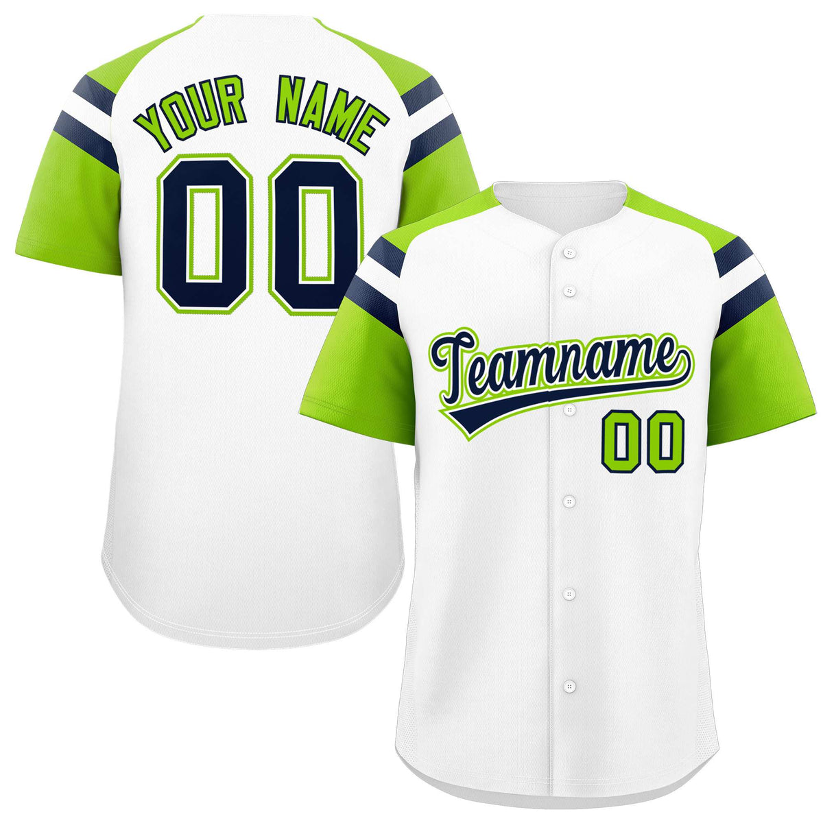 Custom White Neon Green Contrast Raglan Sleeves Authentic Baseball Jersey| KXKSHOP