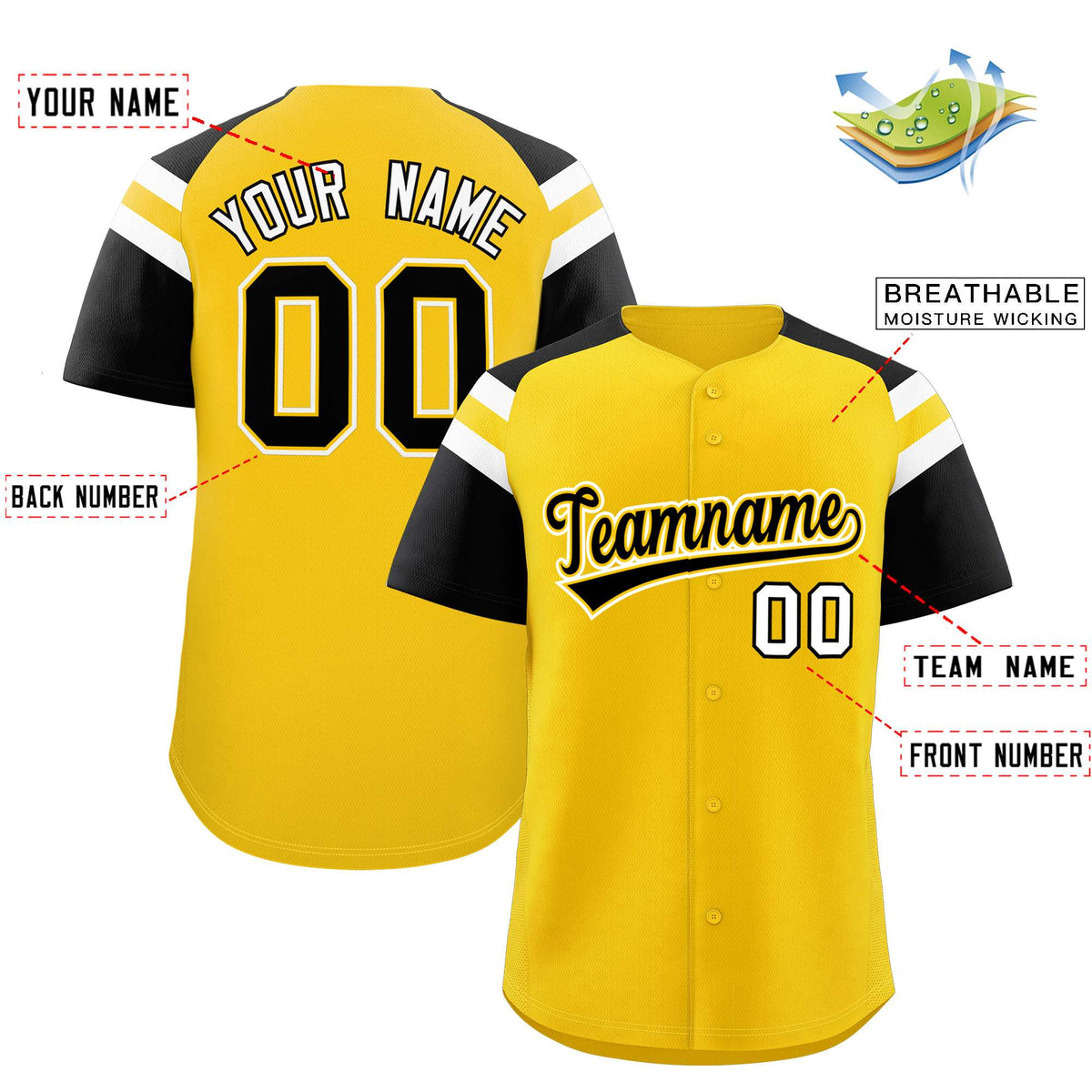 Custom Gold Black Contrast Raglan Sleeves Authentic Baseball Jersey| KXKSHOP