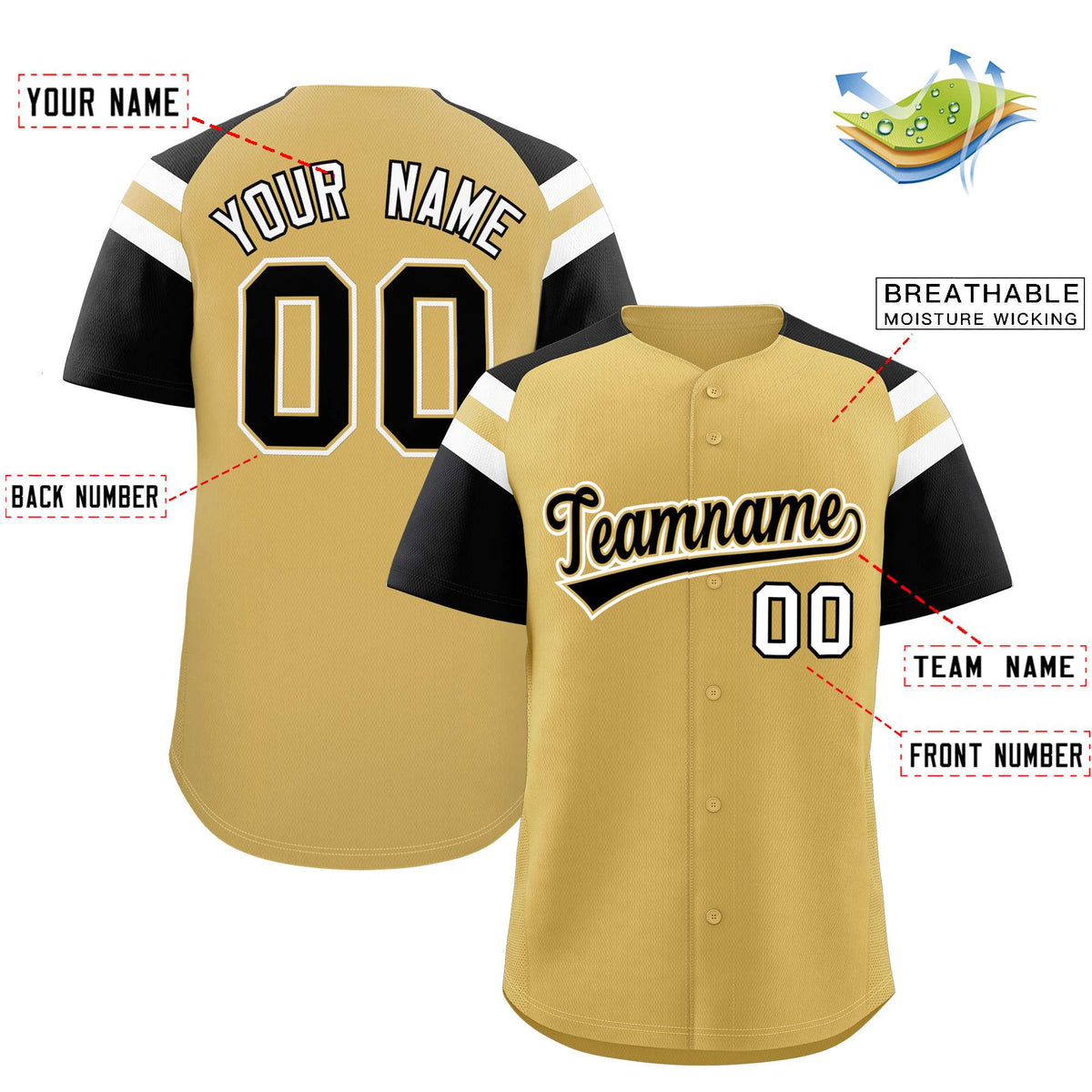 Custom Old Gold Black Contrast Raglan Sleeves Authentic Baseball Jersey| KXKSHOP