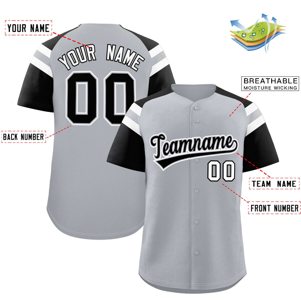 Custom Silver Black Contrast Raglan Sleeves Authentic Baseball Jersey| KXKSHOP