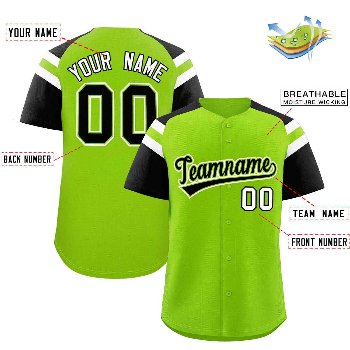 Custom Neon Green Black Contrast Raglan Sleeves Authentic Baseball Jersey| KXKSHOP