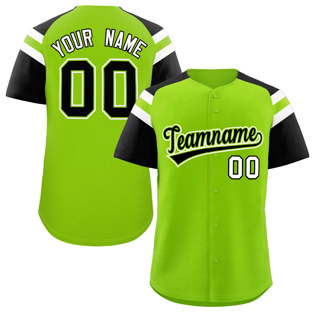 Custom Neon Green Black Contrast Raglan Sleeves Authentic Baseball Jersey| KXKSHOP