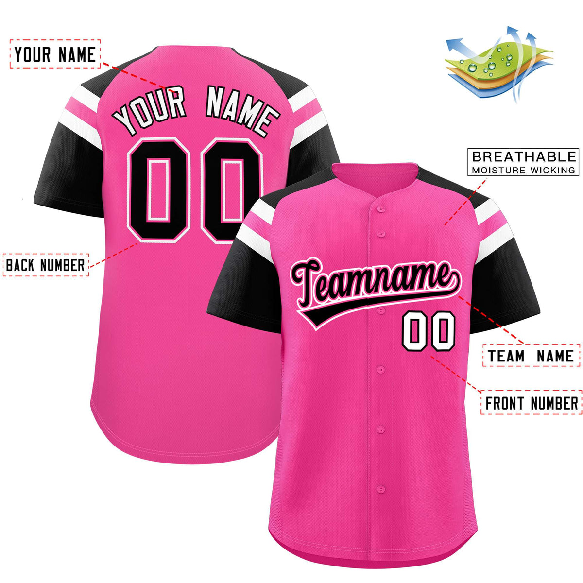 Custom Pink Black Contrast Raglan Sleeves Authentic Baseball Jersey| KXKSHOP