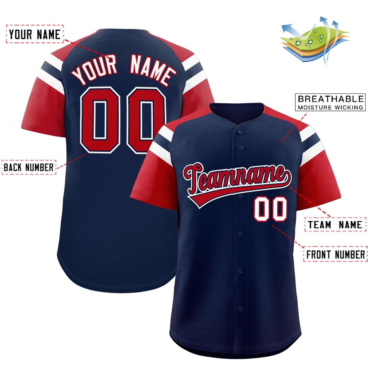 Custom Navy Red Contrast Raglan Sleeves Authentic Baseball Jersey| KXKSHOP