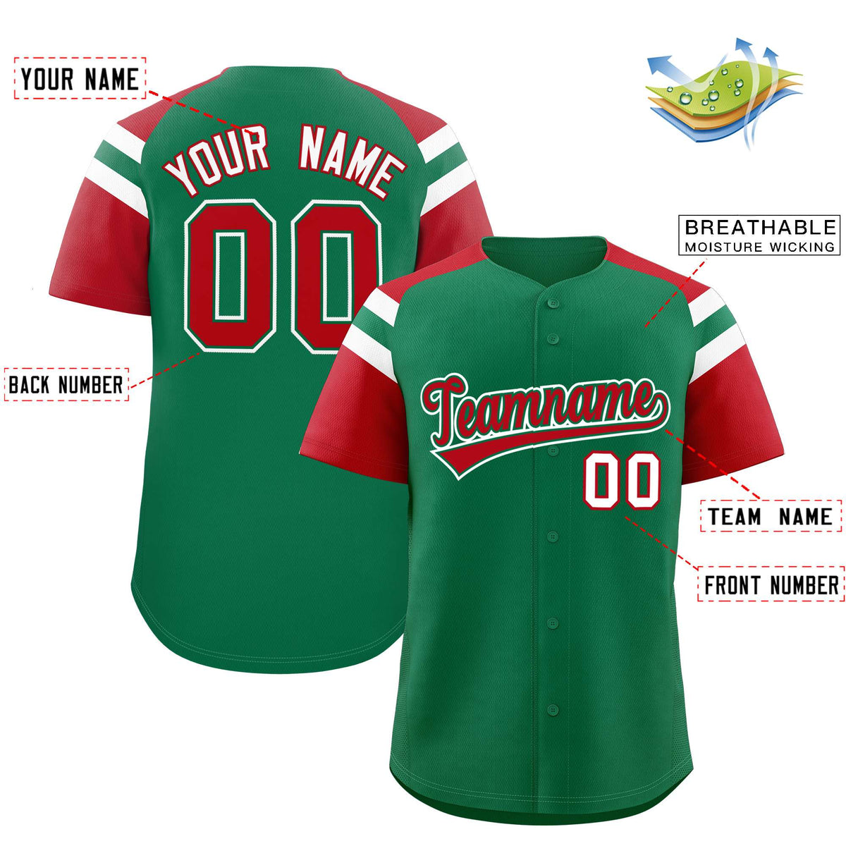 Custom Kelly Green Red Contrast Raglan Sleeves Authentic Baseball Jersey| KXKSHOP