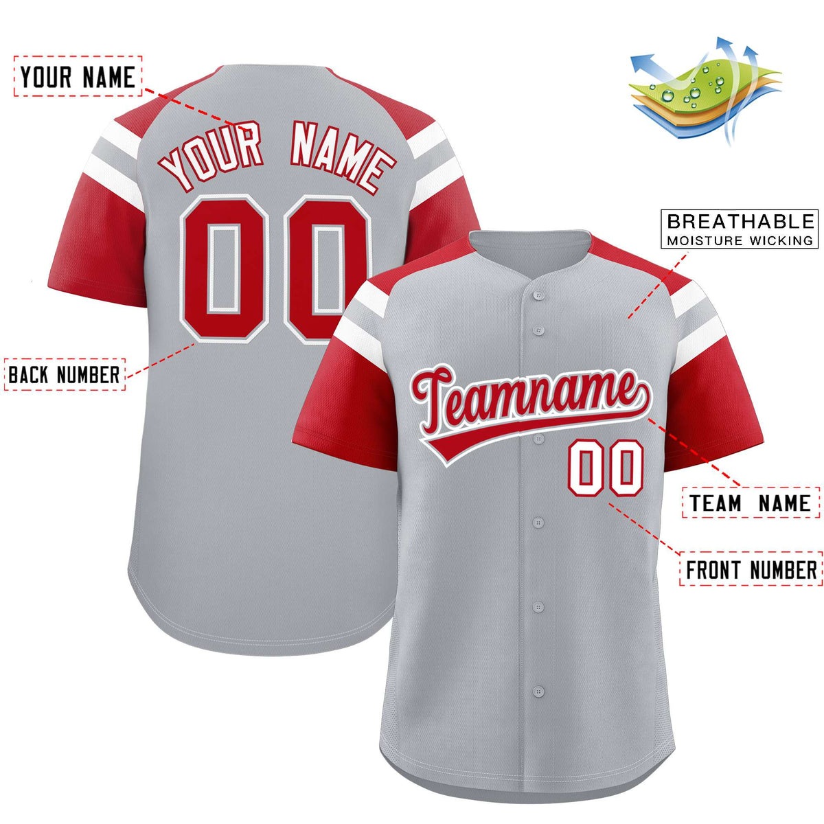 Custom Silver Red Contrast Raglan Sleeves Authentic Baseball Jersey| KXKSHOP