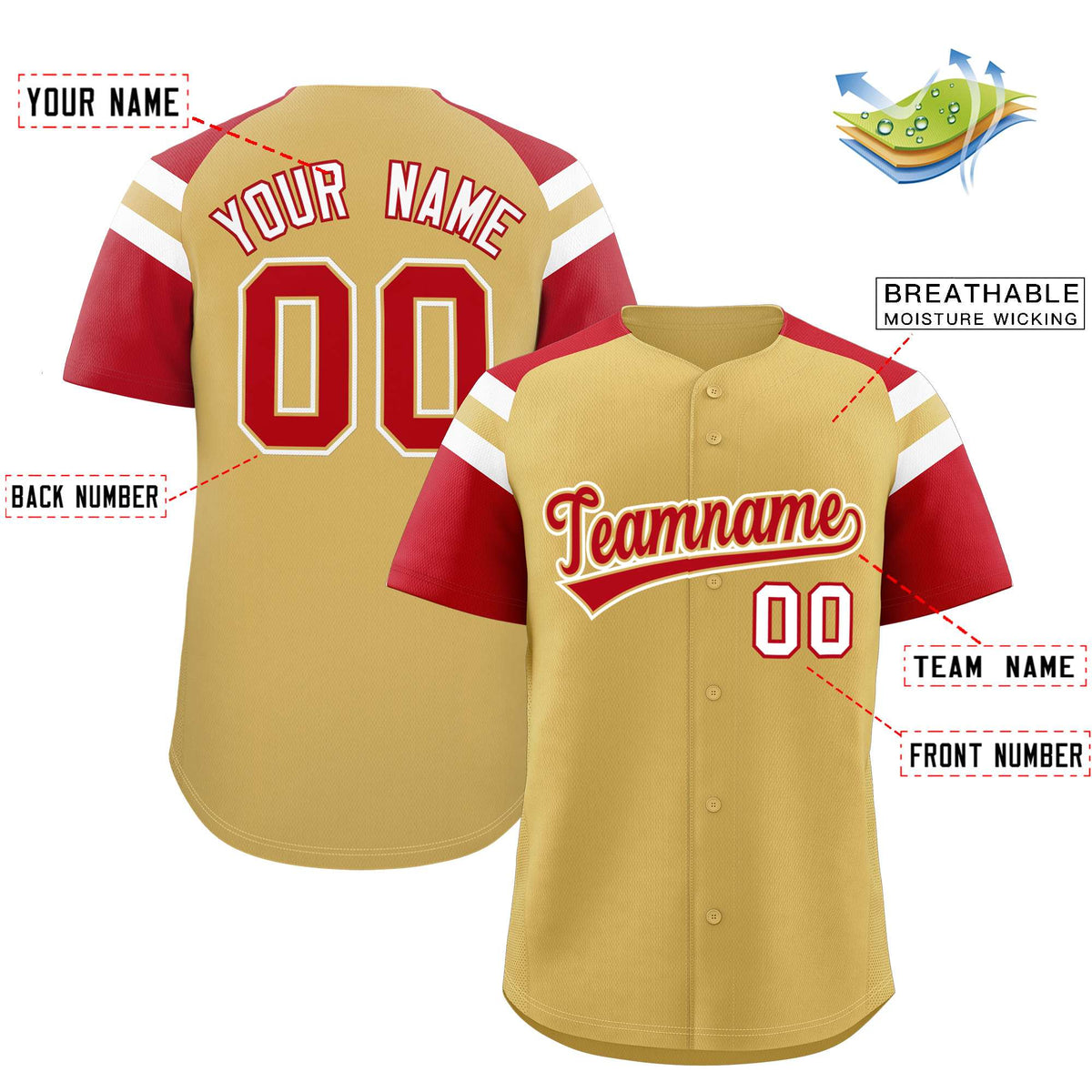 Custom Old Gold Red Contrast Raglan Sleeves Authentic Baseball Jersey| KXKSHOP