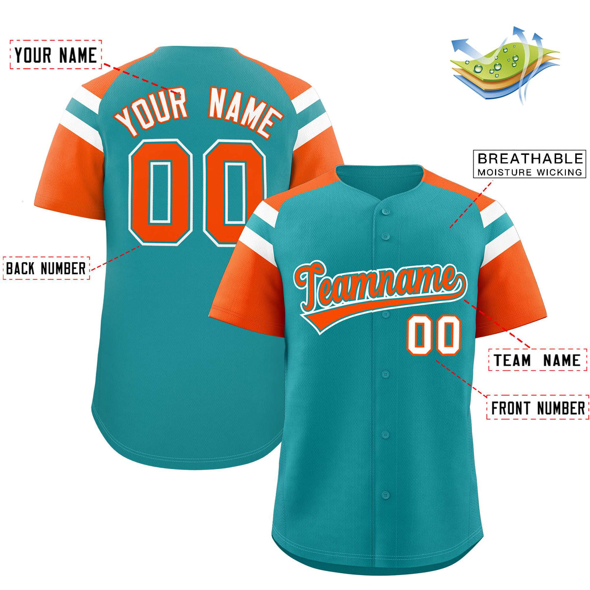 Custom Aqua Orange Contrast Raglan Sleeves Authentic Baseball Jersey| KXKSHOP