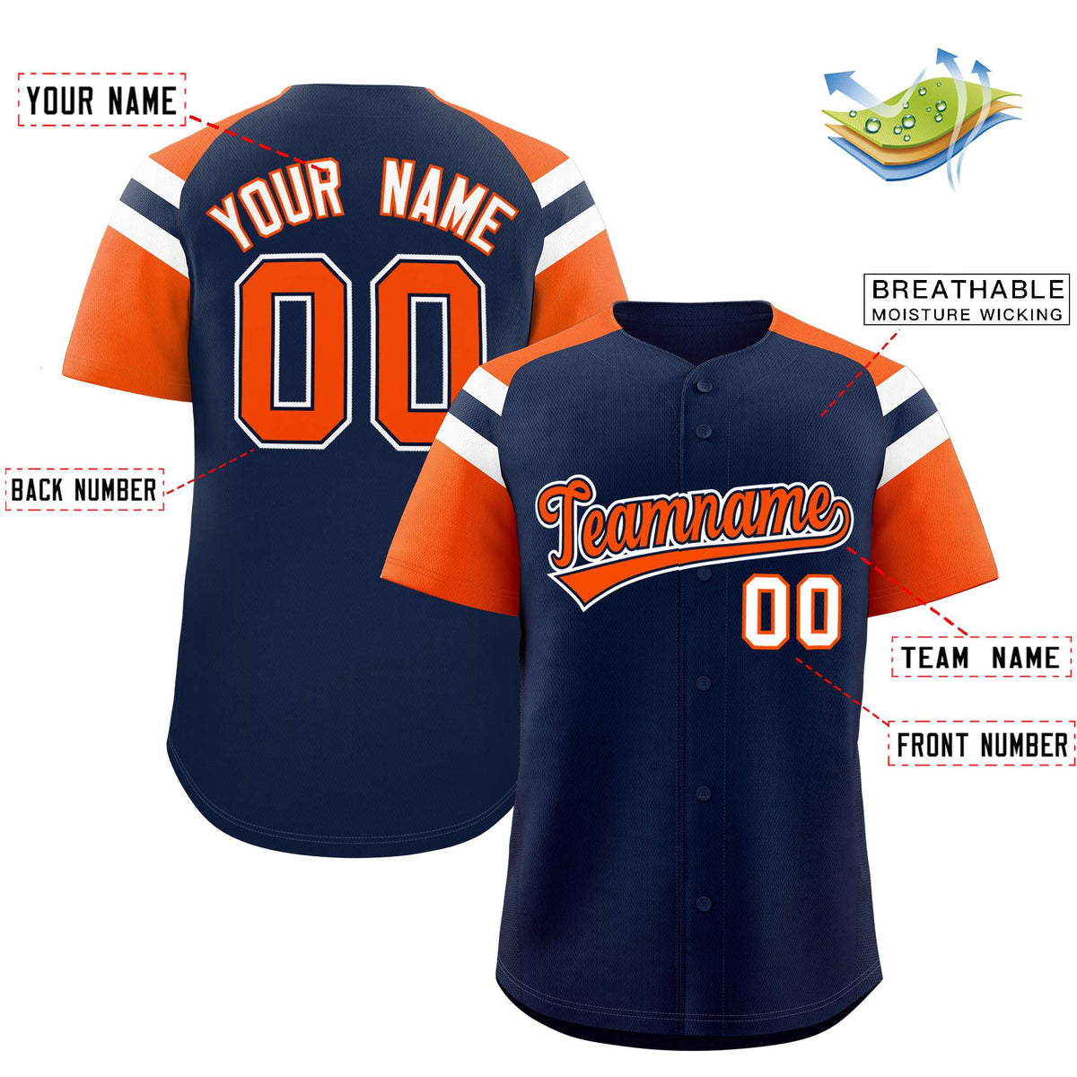 Custom Navy Orange Contrast Raglan Sleeves Authentic Baseball Jersey| KXKSHOP