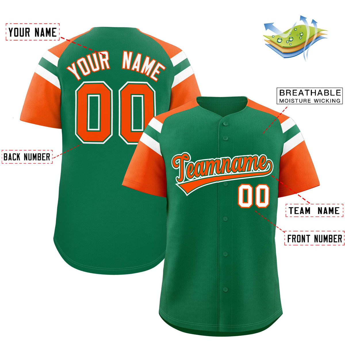Custom Kelly Green Orange Contrast Raglan Sleeves Authentic Baseball Jersey| KXKSHOP