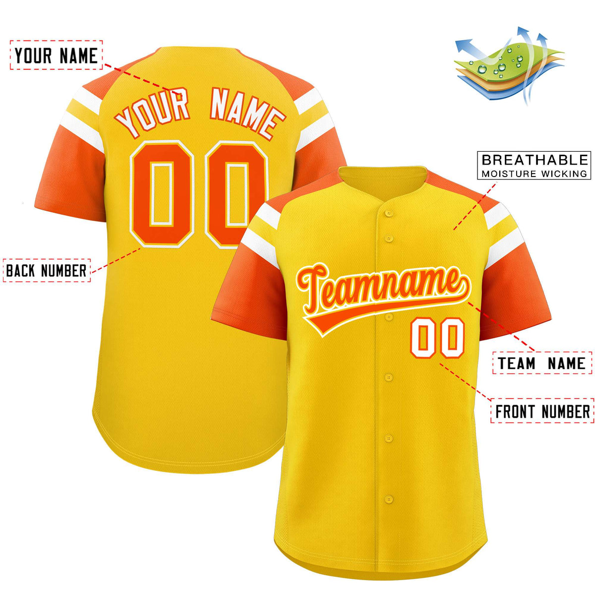 Custom Gold Orange Contrast Raglan Sleeves Authentic Baseball Jersey| KXKSHOP