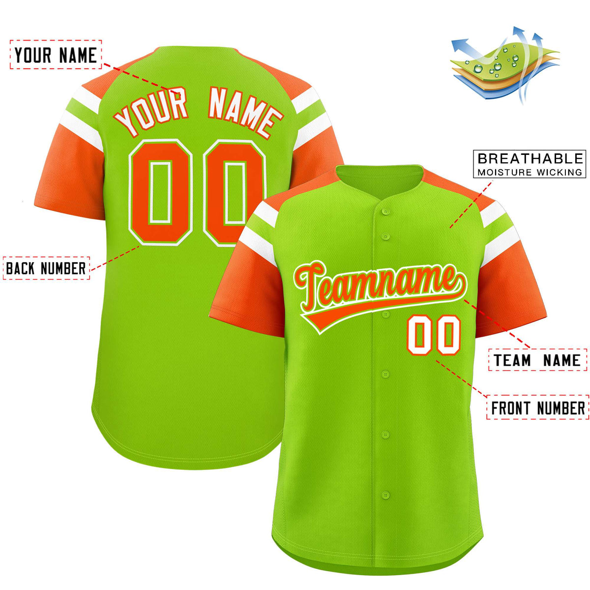 Custom Neon Green Orange Contrast Raglan Sleeves Authentic Baseball Jersey| KXKSHOP