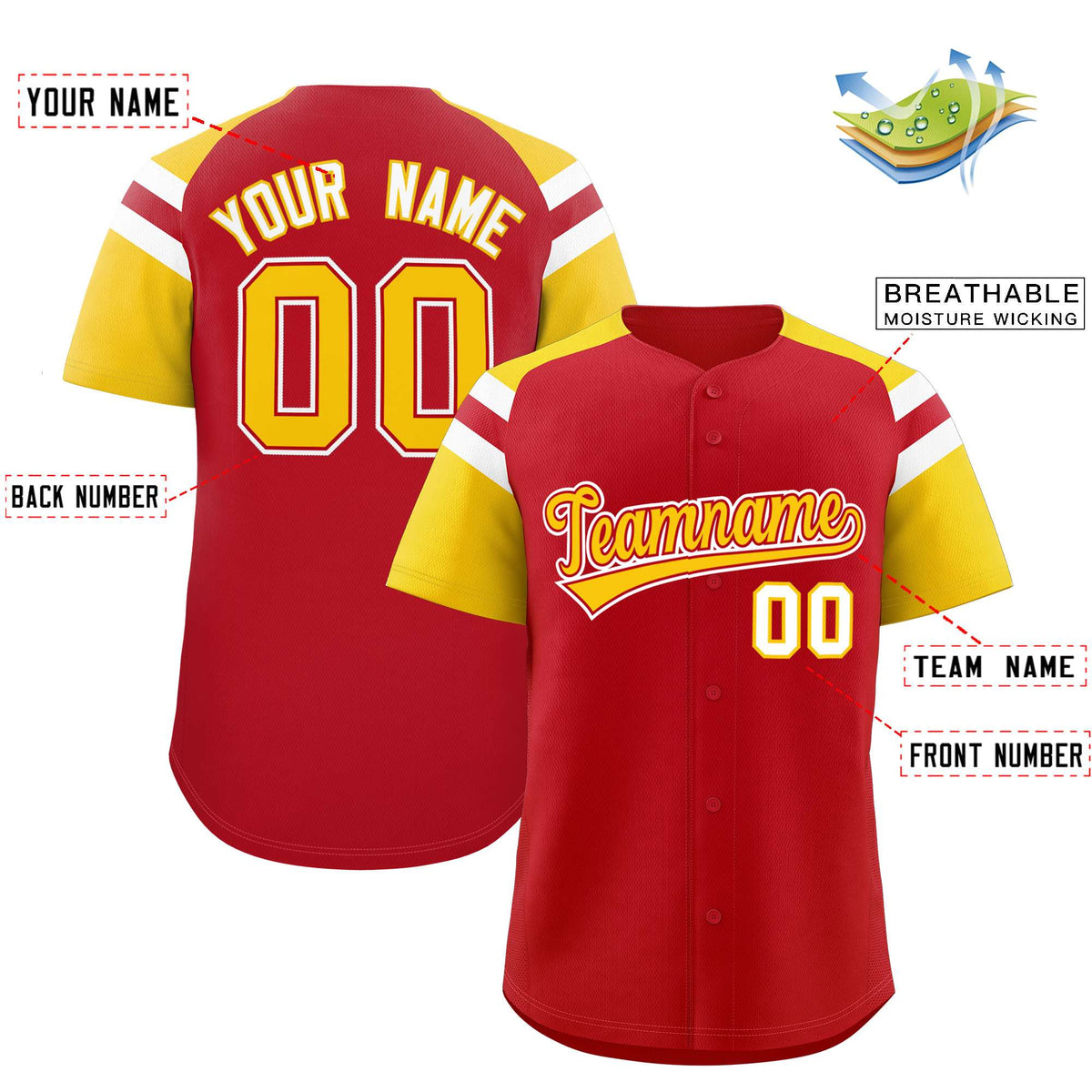 Custom Red Gold Contrast Raglan Sleeves Authentic Baseball Jersey| KXKSHOP