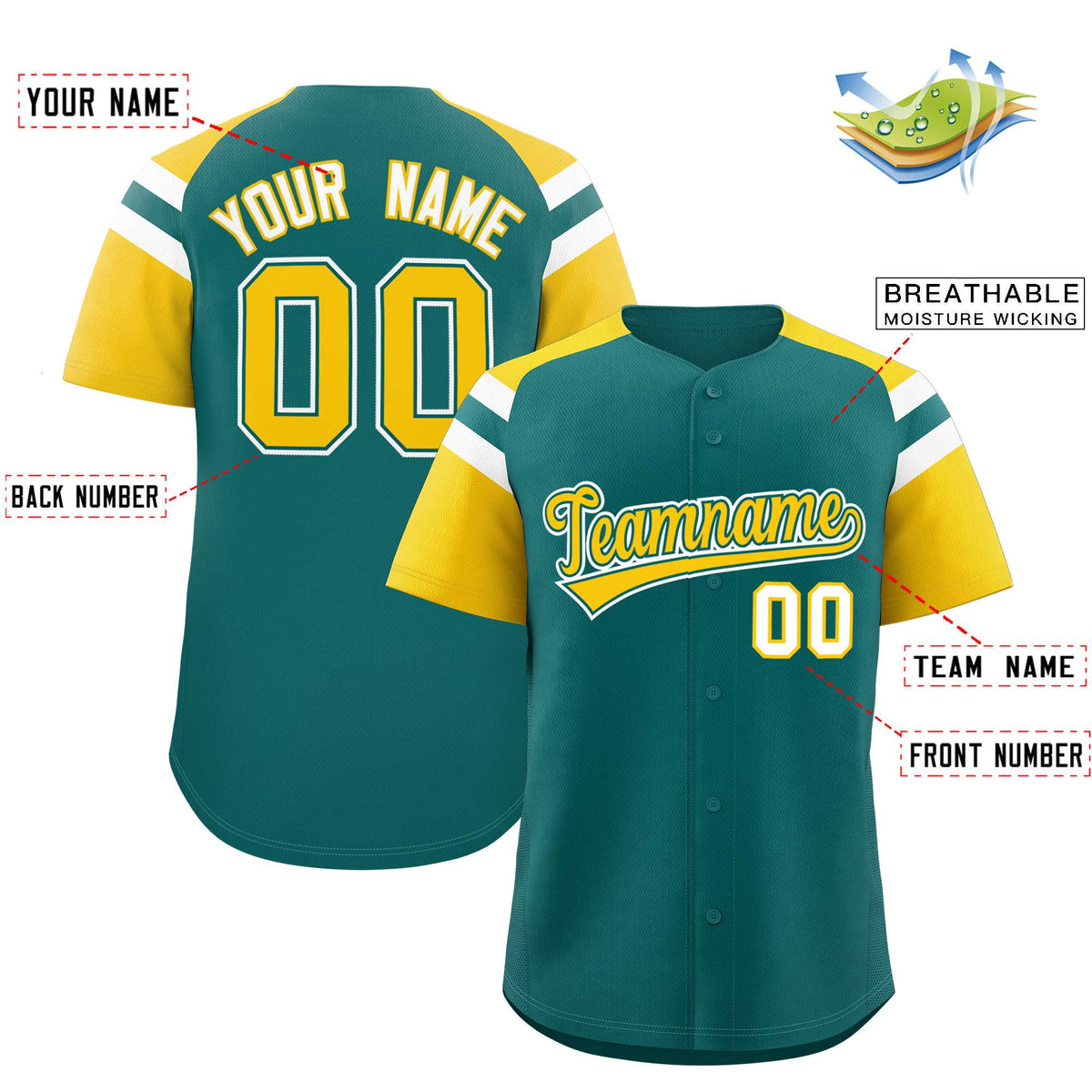 Custom Aqua Gold Contrast Raglan Sleeves Authentic Baseball Jersey| KXKSHOP