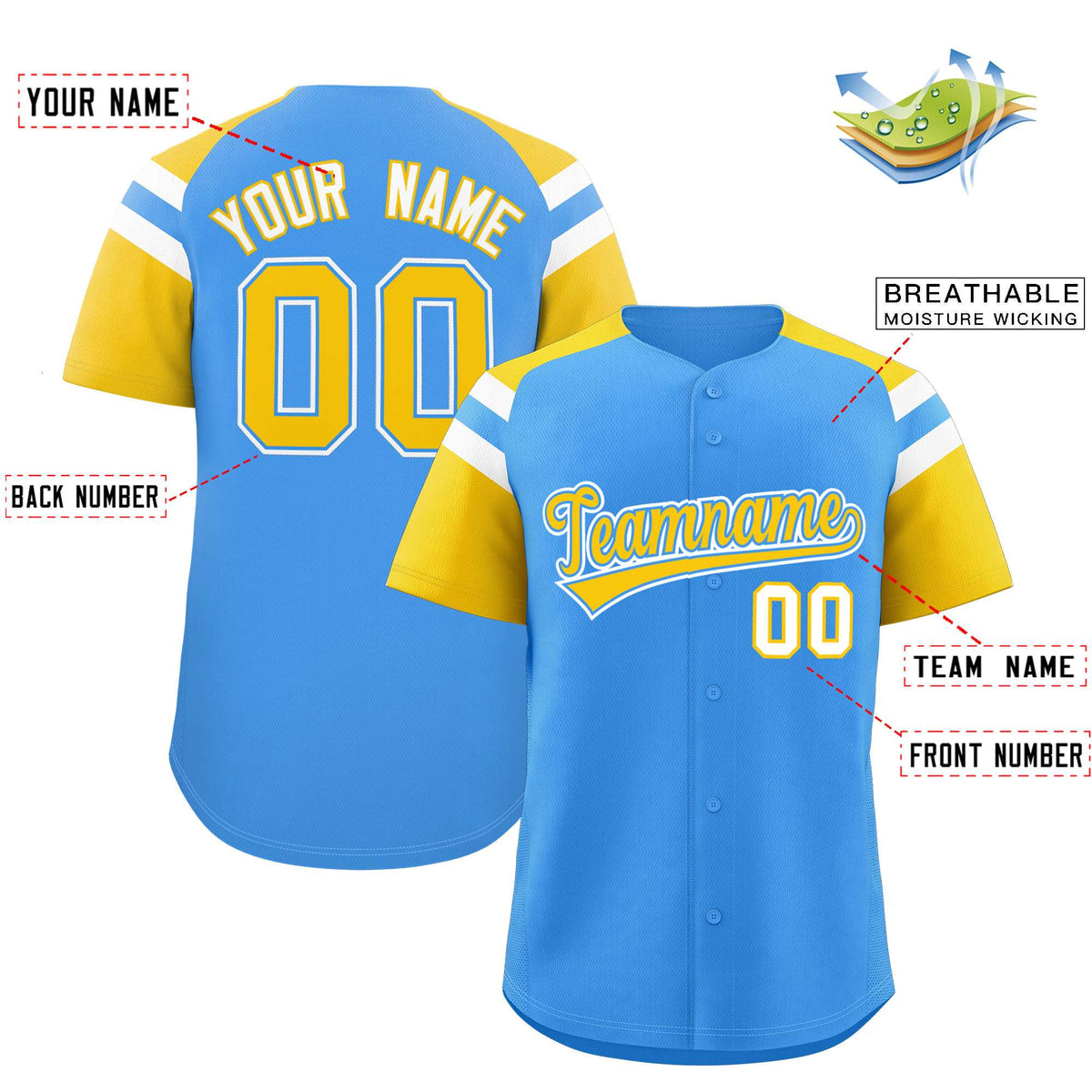 Custom Powder Blue Gold Contrast Raglan Sleeves Authentic Baseball Jersey| KXKSHOP