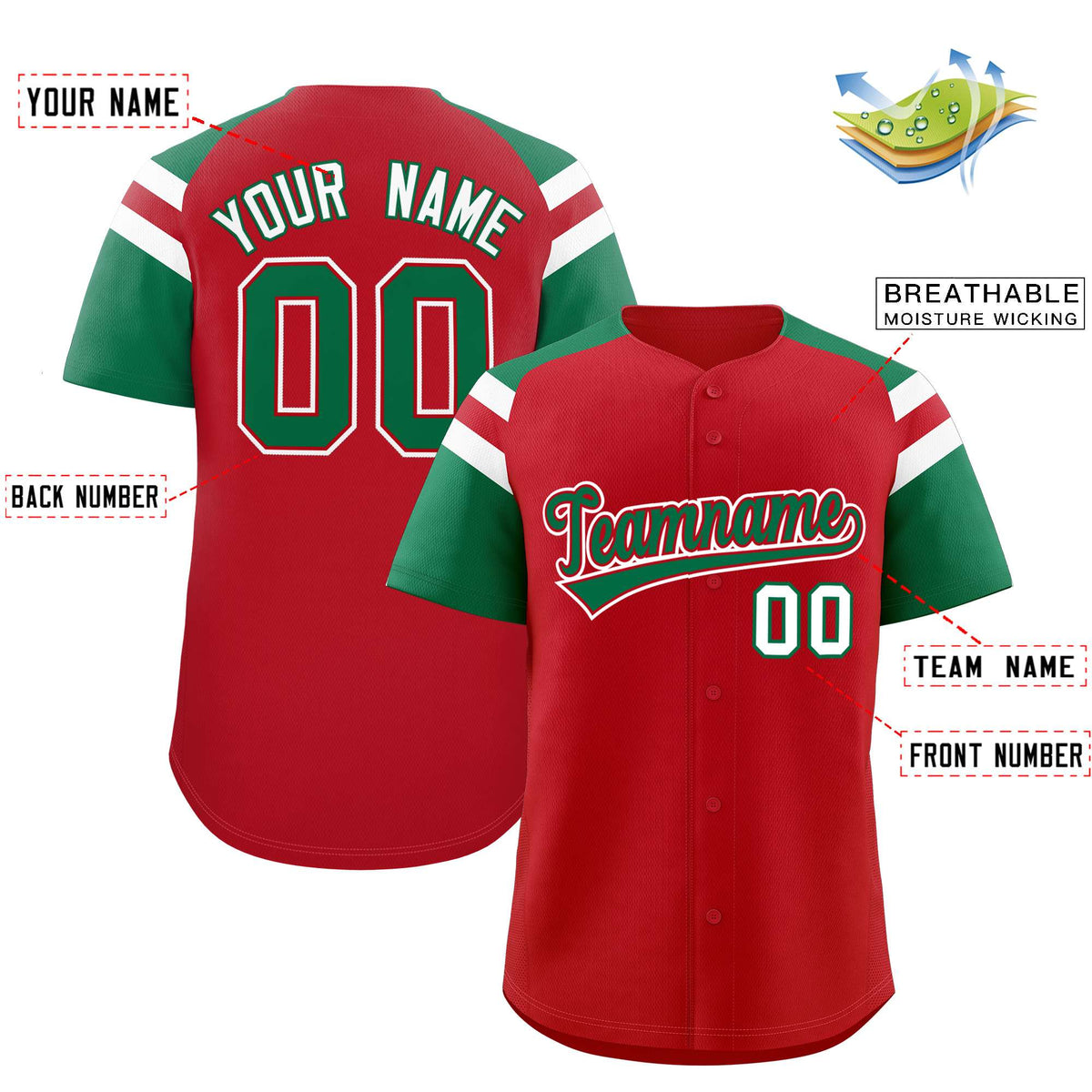 Custom Red Kelly Green Contrast Raglan Sleeves Authentic Baseball Jersey| KXKSHOP