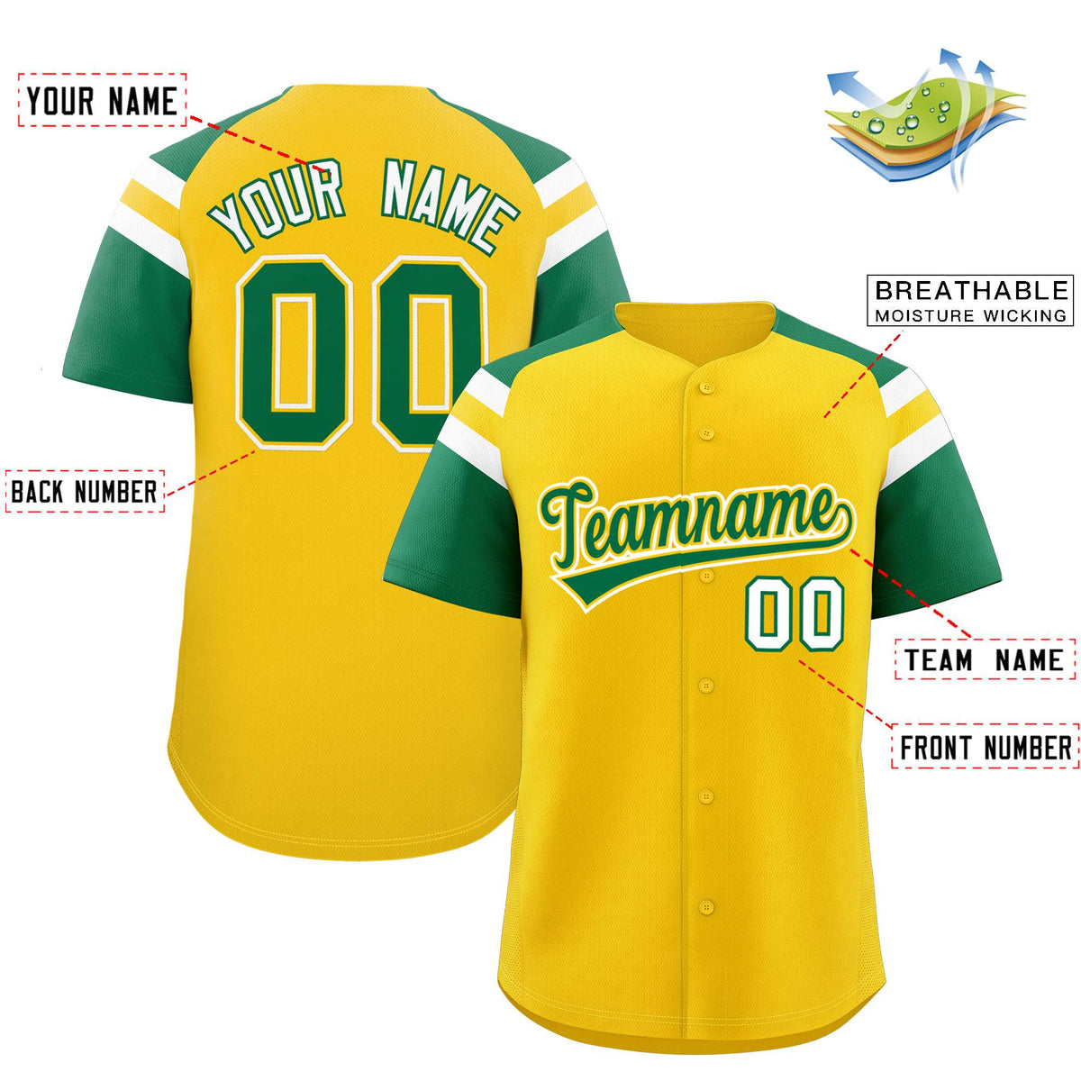 Custom Gold Kelly Green Contrast Raglan Sleeves Authentic Baseball Jersey| KXKSHOP