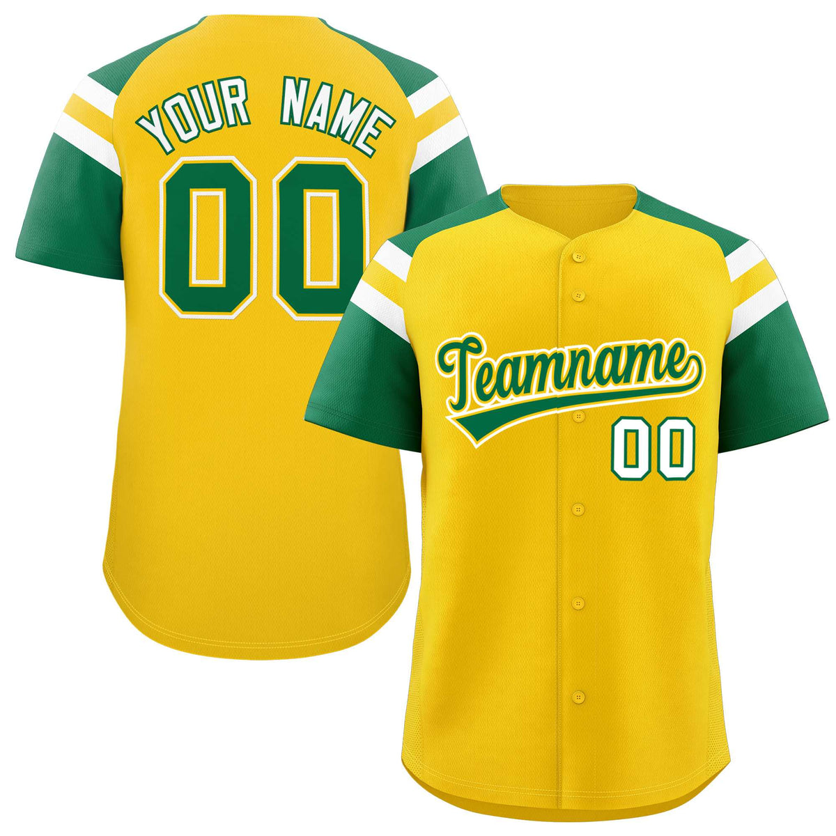 Custom Gold Kelly Green Contrast Raglan Sleeves Authentic Baseball Jersey| KXKSHOP