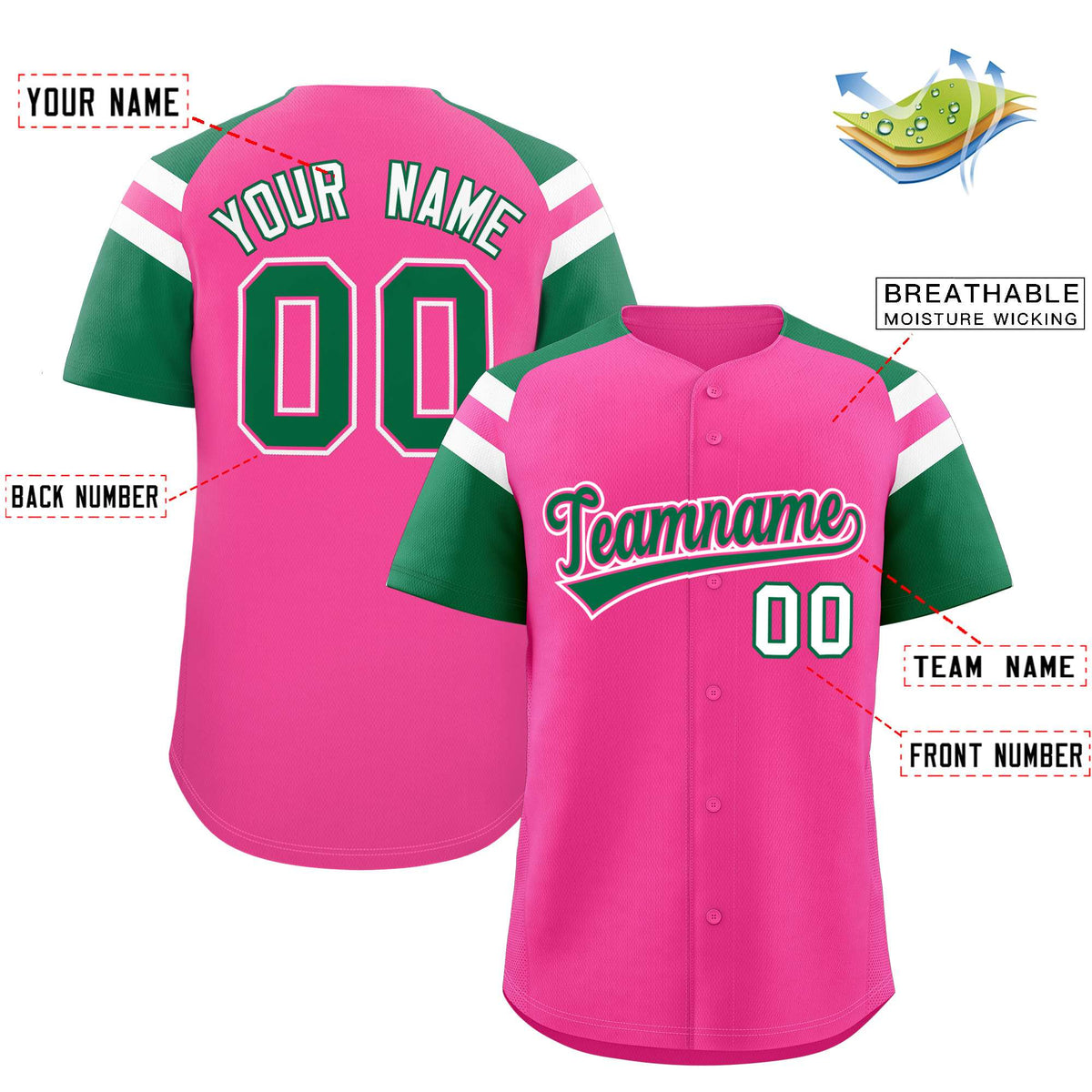 Custom Pink Kelly Green Contrast Raglan Sleeves Authentic Baseball Jersey| KXKSHOP