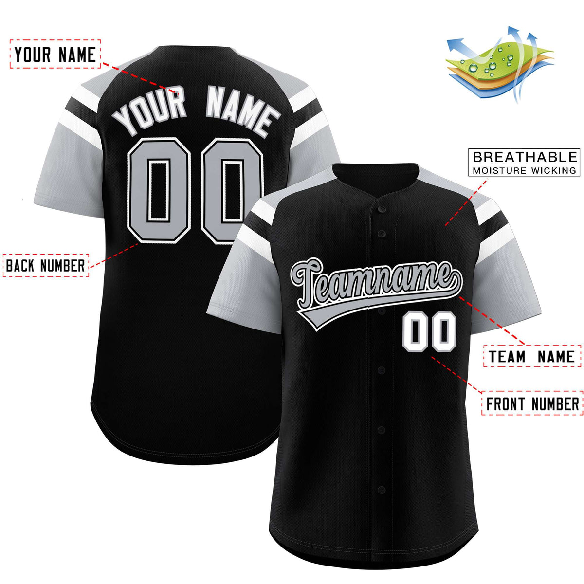 Custom Black Silver Contrast Raglan Sleeves Authentic Baseball Jersey| KXKSHOP