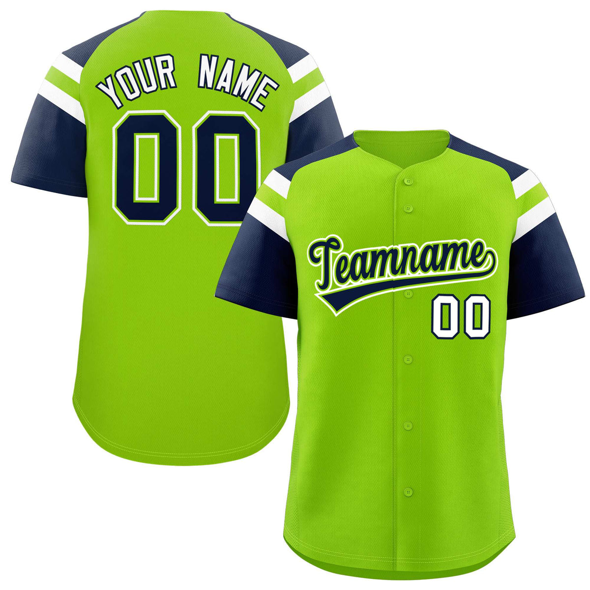 Custom Neon Green Navy Contrast Raglan Sleeves Authentic Baseball Jersey| KXKSHOP