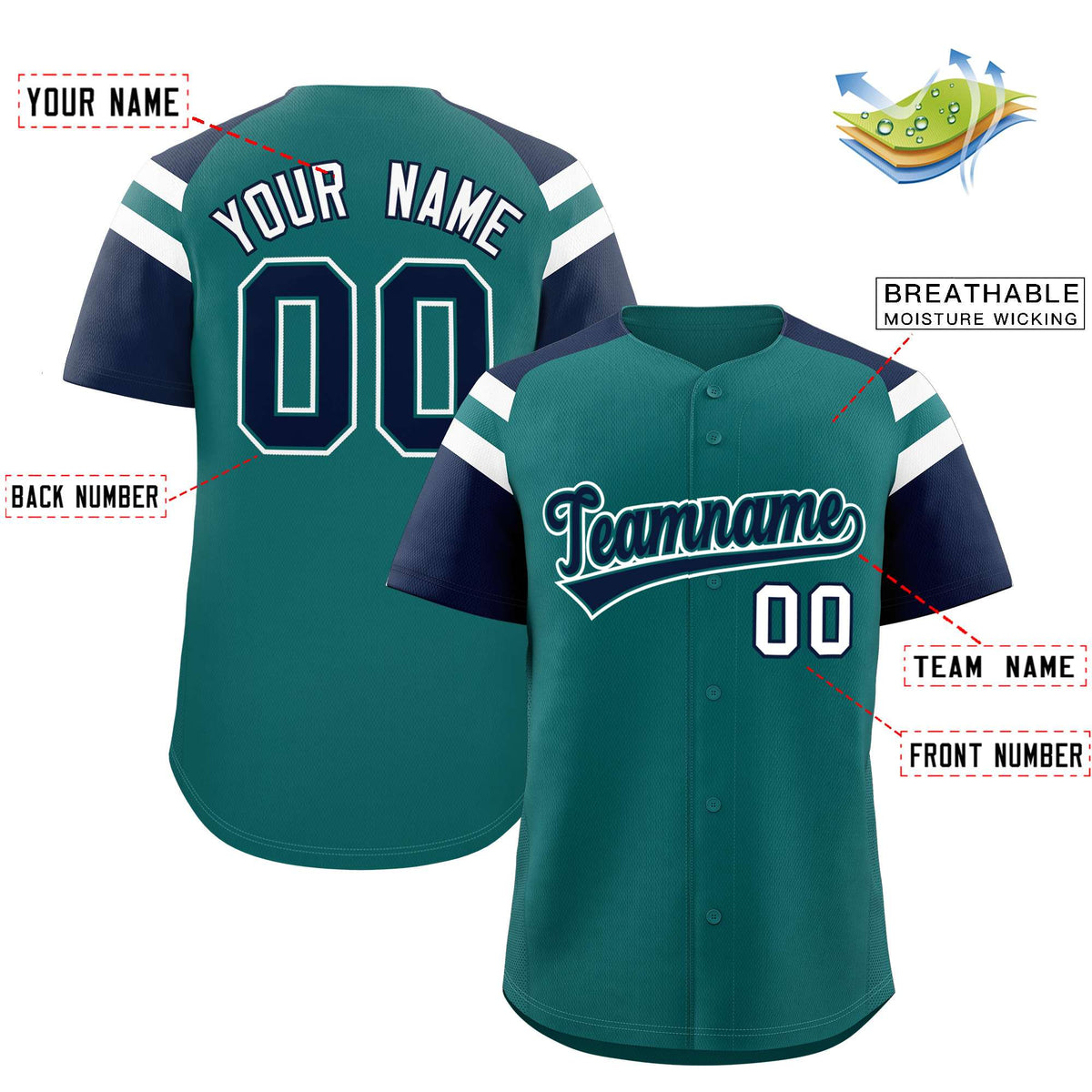 Custom Aqua Navy Contrast Raglan Sleeves Authentic Baseball Jersey| KXKSHOP