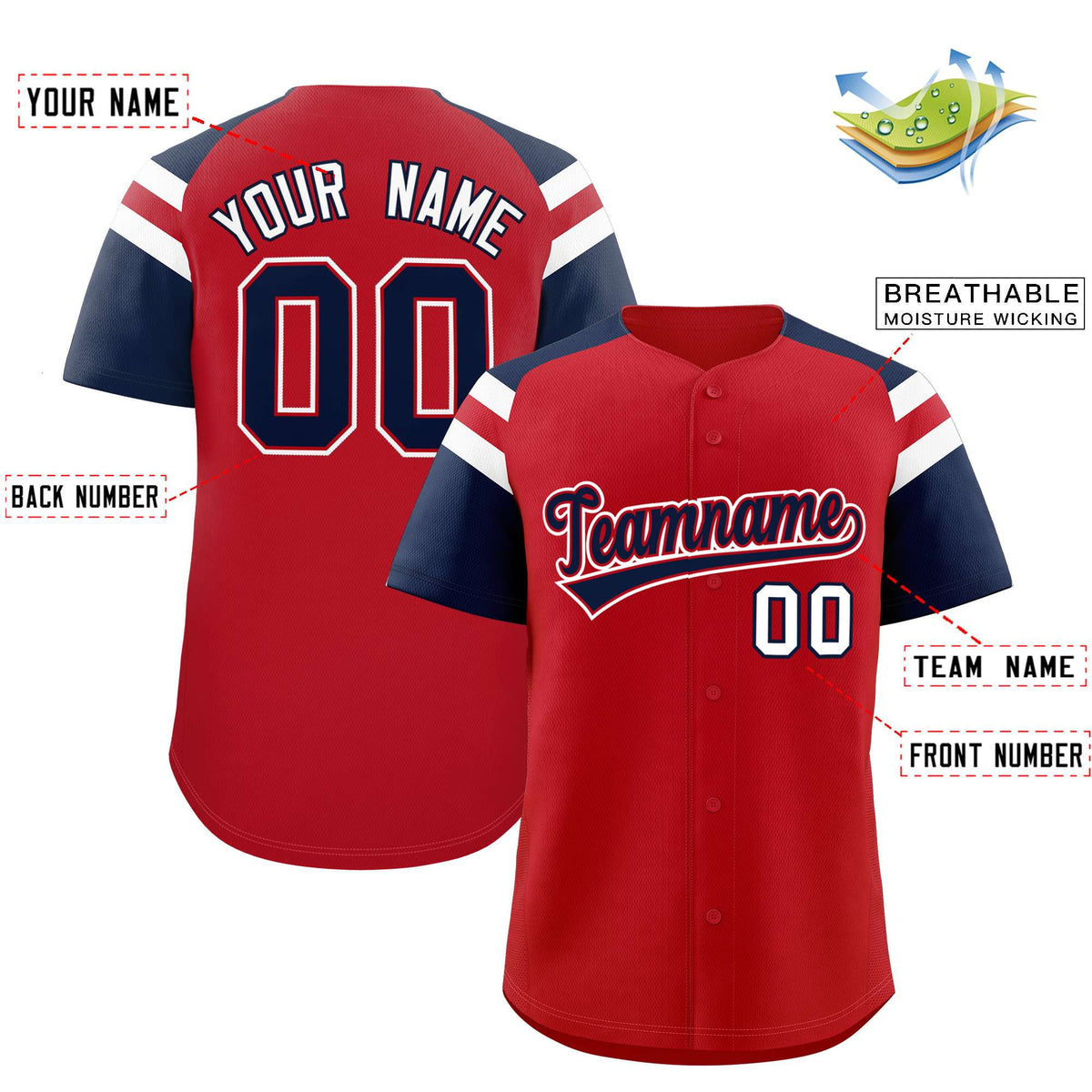 Custom Red Navy Contrast Raglan Sleeves Authentic Baseball Jersey| KXKSHOP