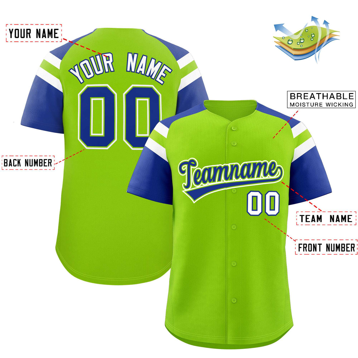 Custom Neon Green Royal Contrast Raglan Sleeves Authentic Baseball Jersey| KXKSHOP