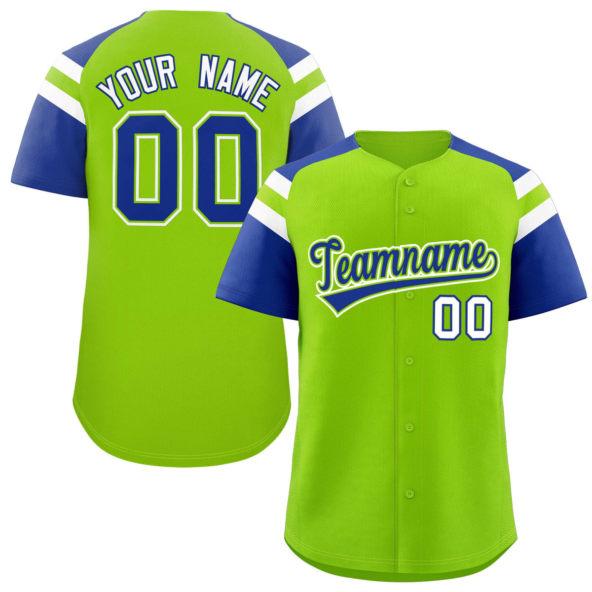 Custom Neon Green Royal Contrast Raglan Sleeves Authentic Baseball Jersey| KXKSHOP
