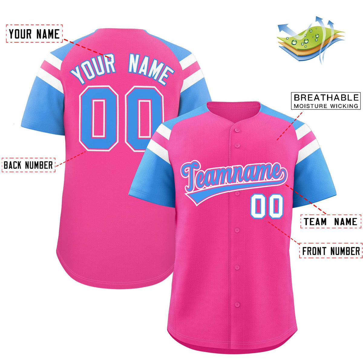 Custom Pink Powder Blue Contrast Raglan Sleeves Authentic Baseball Jersey| KXKSHOP