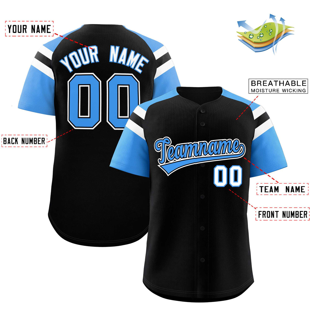 Custom Black Powder Blue Contrast Raglan Sleeves Authentic Baseball Jersey| KXKSHOP